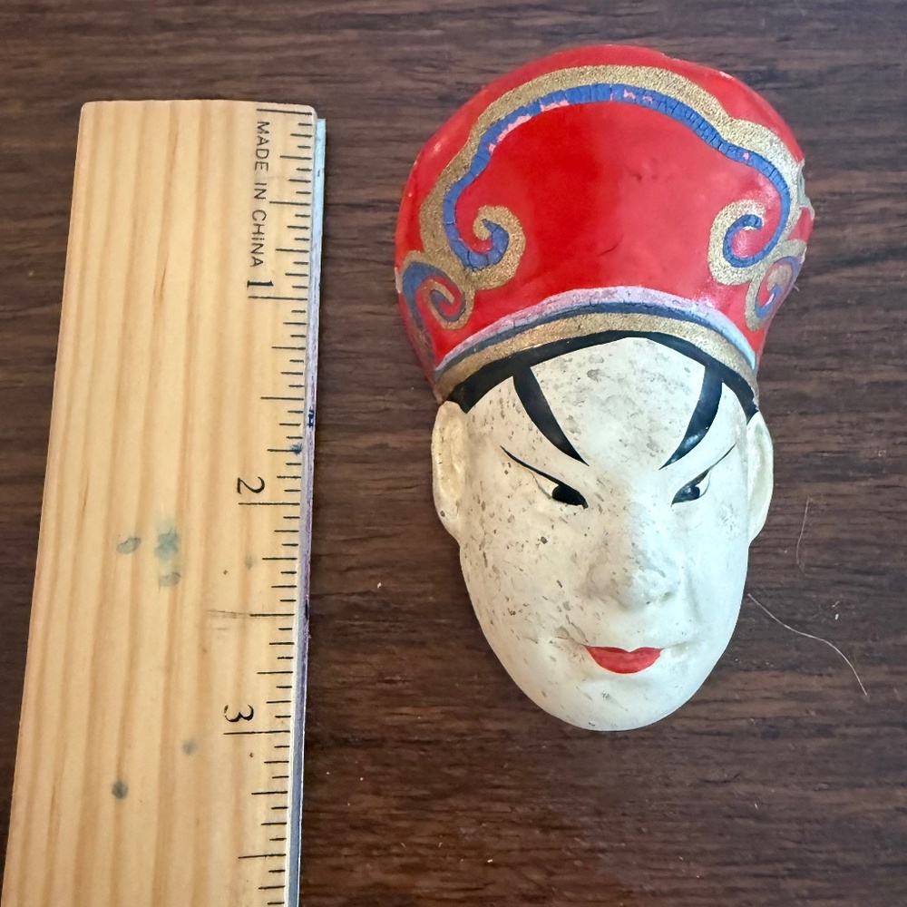 Rare Vintage Asian Figurine Doll Head Red Cap Gold Scrollwork Fong Inn Tag
